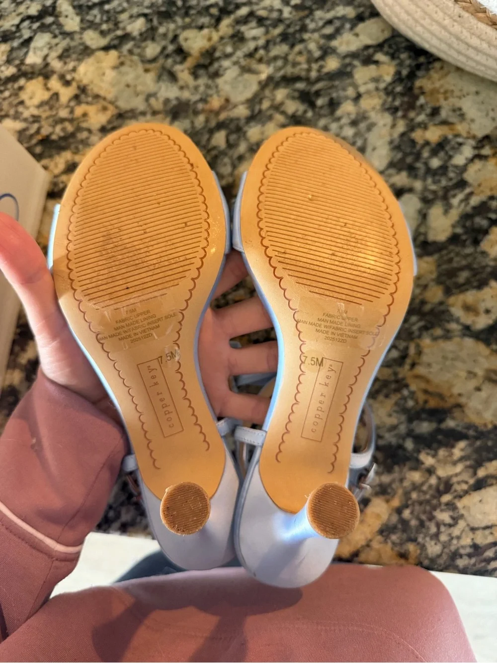 Copper Key Light Blue Satin T-Strap Heels with Crystal Accents